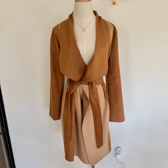 ZARA Brown Tan Faux Suede Patchwork Jacket Trench Coat - Picture 4 of 15